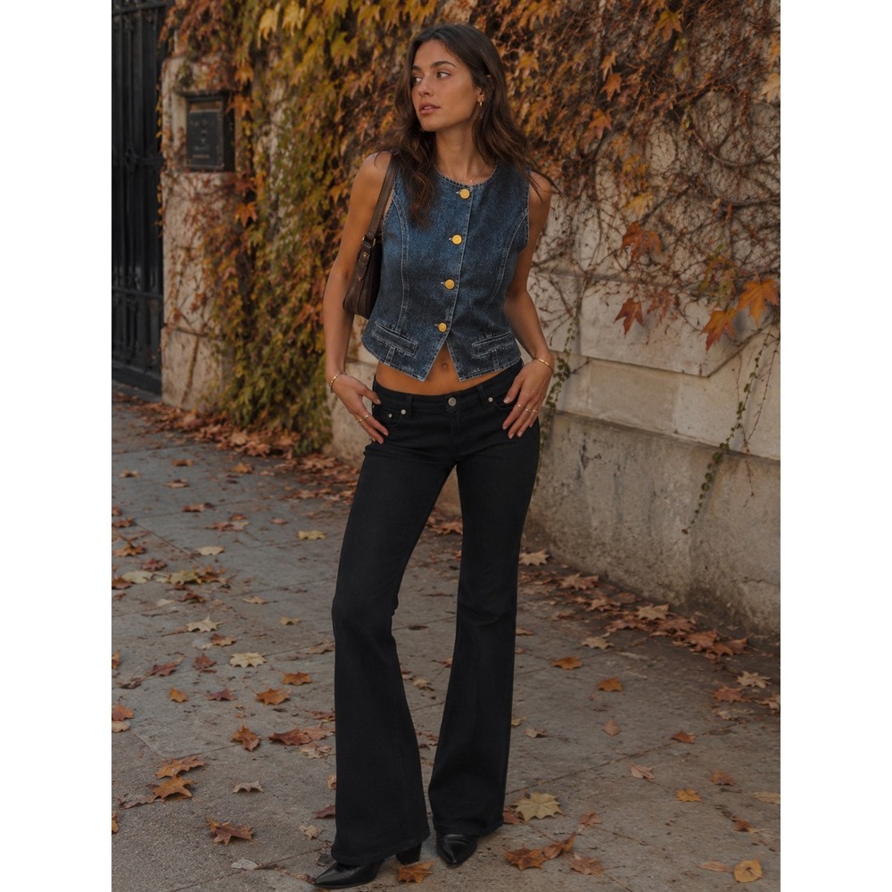 Vintage Style Dark Wash Denim Waistcoat Vest with Gold Buttons Sleeveless Top